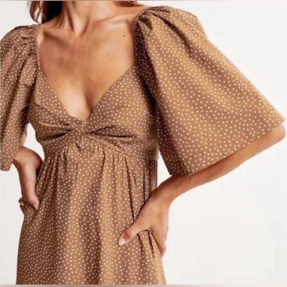Abercrombie & Fitch Polka Dot Angel Sleeve Twist Front Tie back Brown Midi Dress - Picture 2 of 11